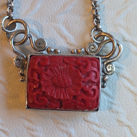 Jewelry - Cinnabar - Red Carved Floral Pendant Necklace - Women Jewelry